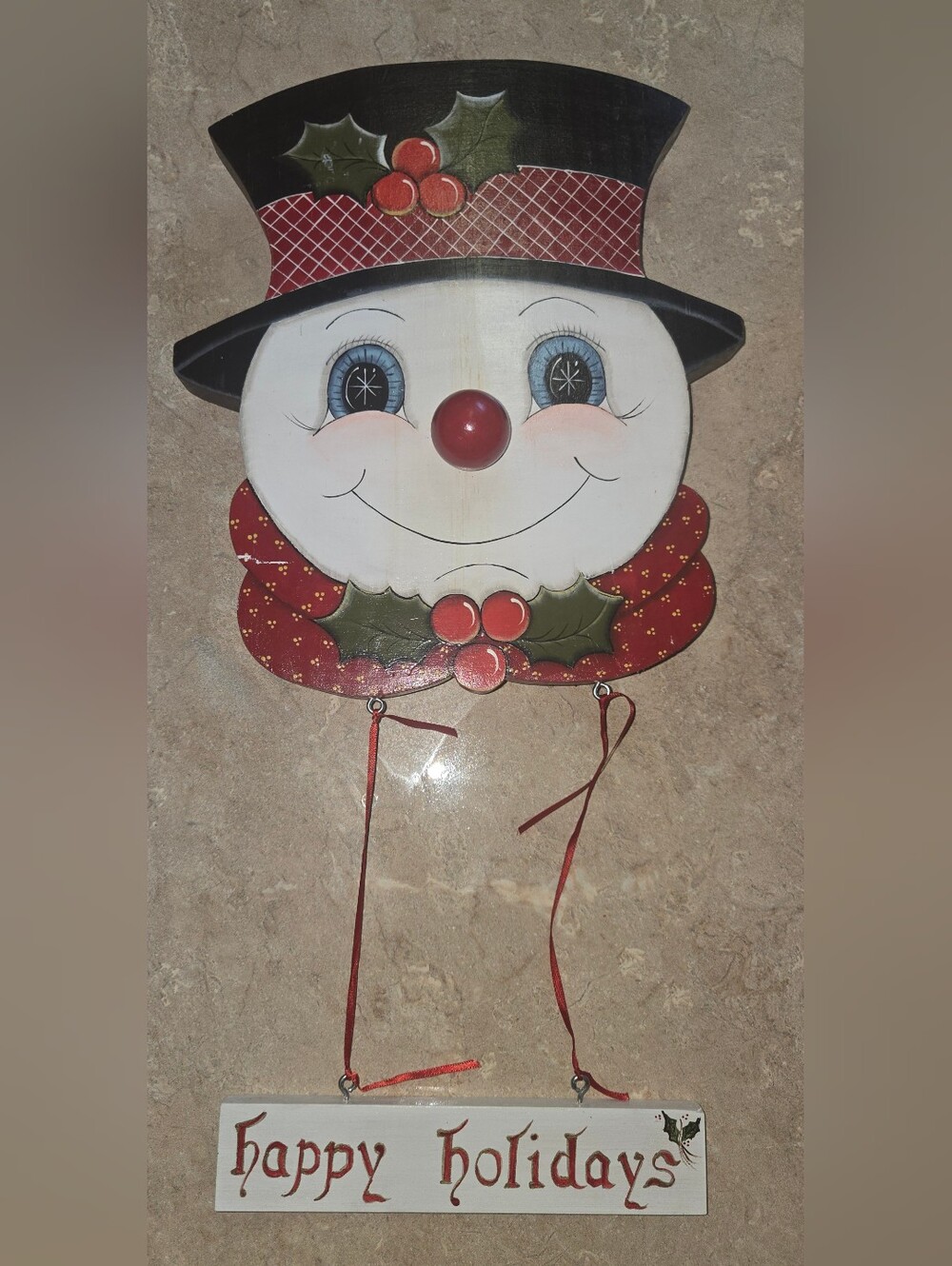Vintage Hand-Painted Musical Snowman Door Hanger — Wood, Christmas Decor